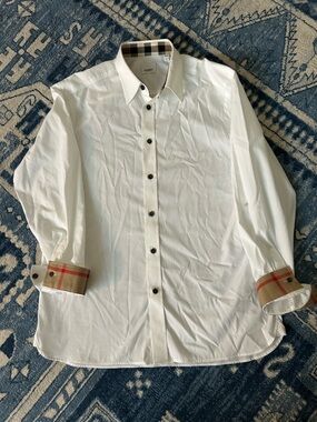 Men’s Burberry White Dress Shirt with Plaid Trim Size Large